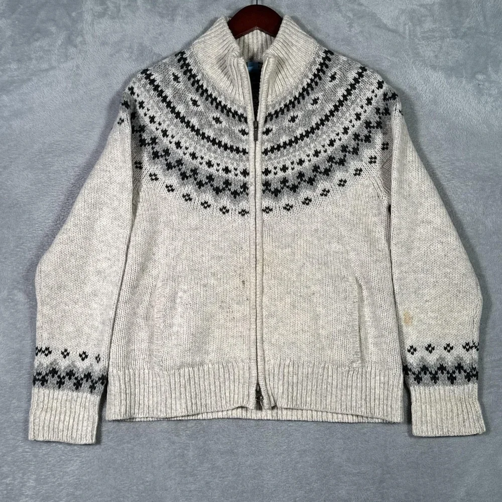 LL Bean Sweater Mens M (Fits S) Gray Wool Full Zip Fair Isle Mock Neck *FLAW - Picture 1 of 11
